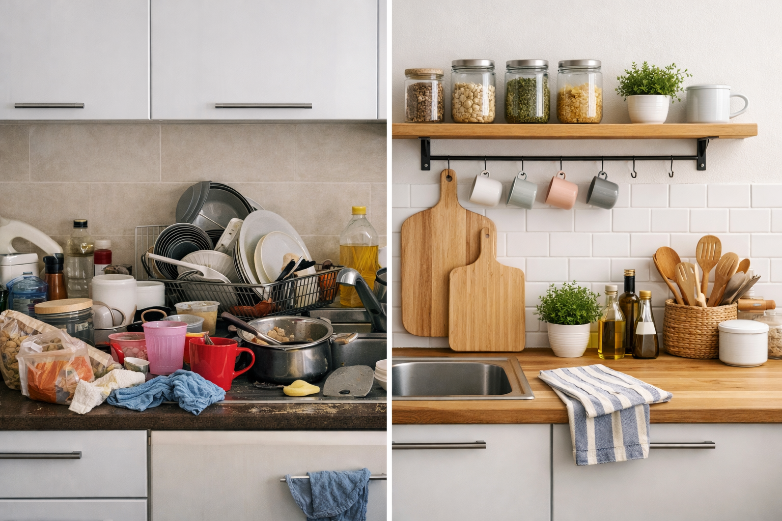 cozinha antes e depois com ideias baratas para melhorar organizacao e decoracao Ideias Baratas para Melhorar Sua Cozinha