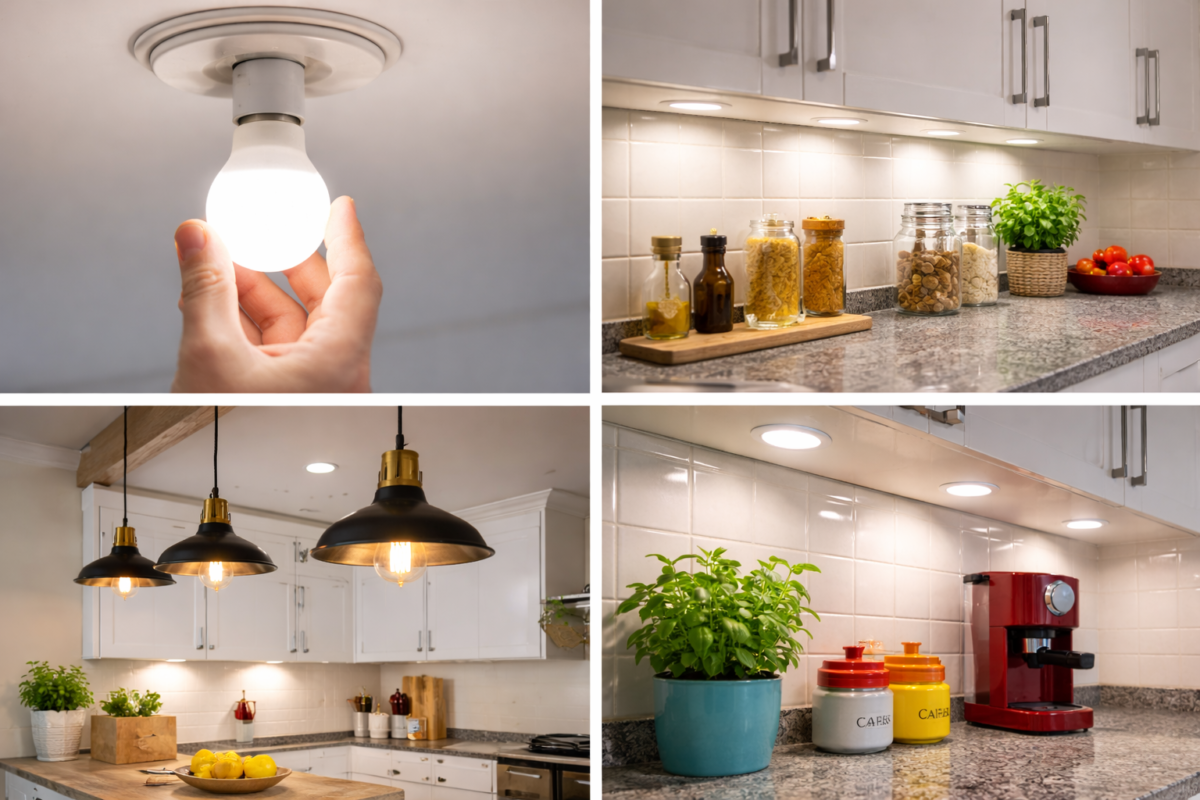 iluminacao de cozinha com lampadas led fita de led e pendentes simples para ambiente claro e funcional