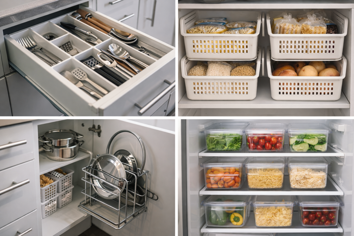 organizadores de cozinha baratos com divisorias de gaveta cestos empilhaveis e suportes de armario