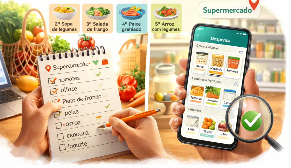 Pessoa organizando lista de compras e usando aplicativo para controlar alimentos e evitar desperdício