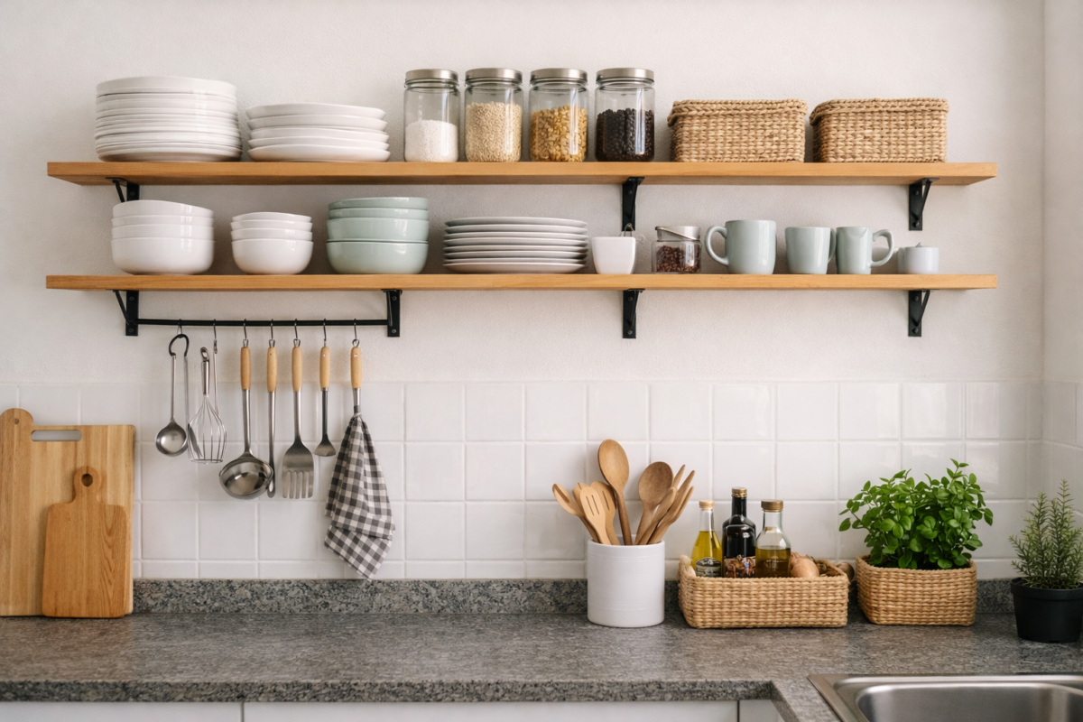 prateleiras abertas na cozinha com organizacao de loucas potes e cestos de forma simples e barata