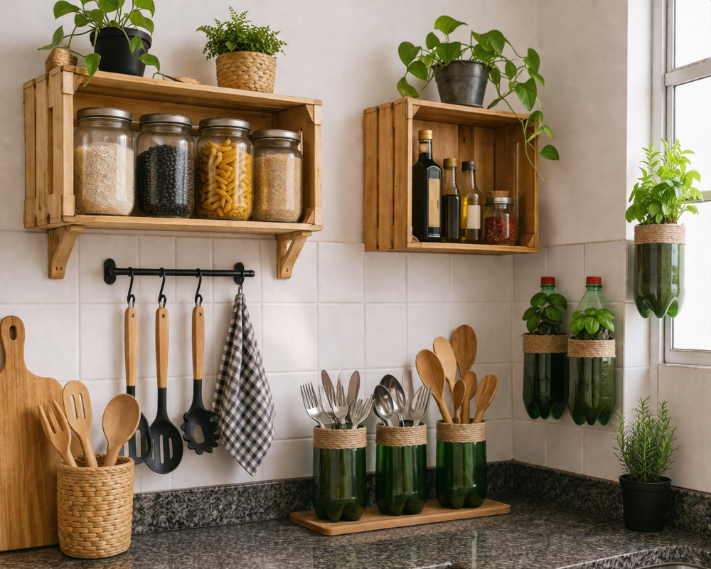 reaproveitamento de objetos na cozinha com potes de vidro garrafas pet e caixas de madeira organizadas Ideias Baratas para Melhorar Sua Cozinha