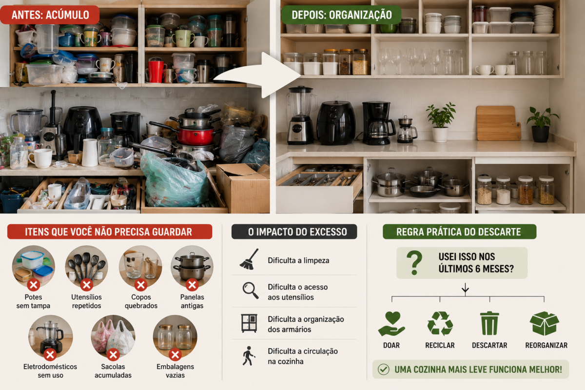 Cozinha com excesso de utensílios e objetos acumulados comparada com cozinha organizada