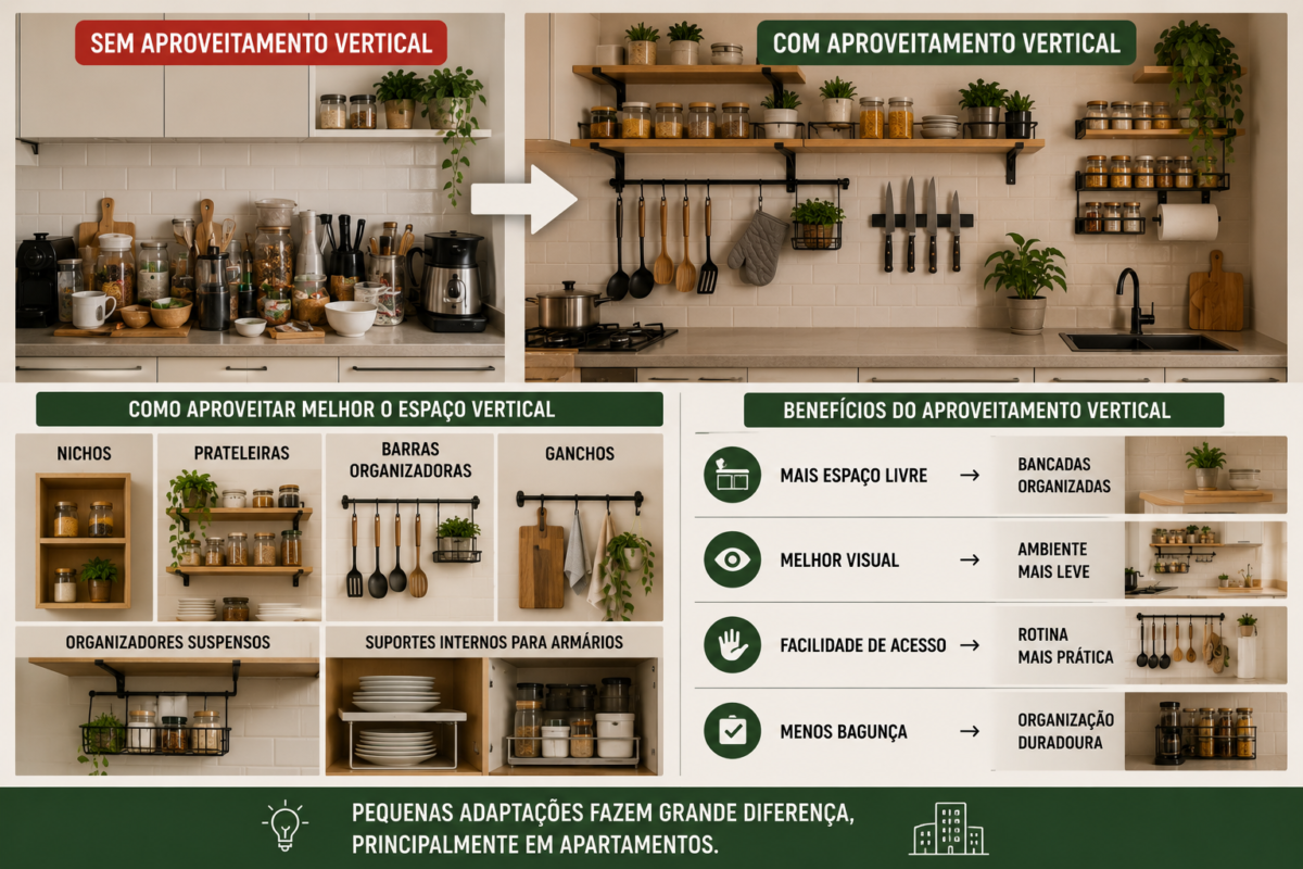 Cozinha moderna utilizando prateleiras e organizadores verticais para ganhar espaço