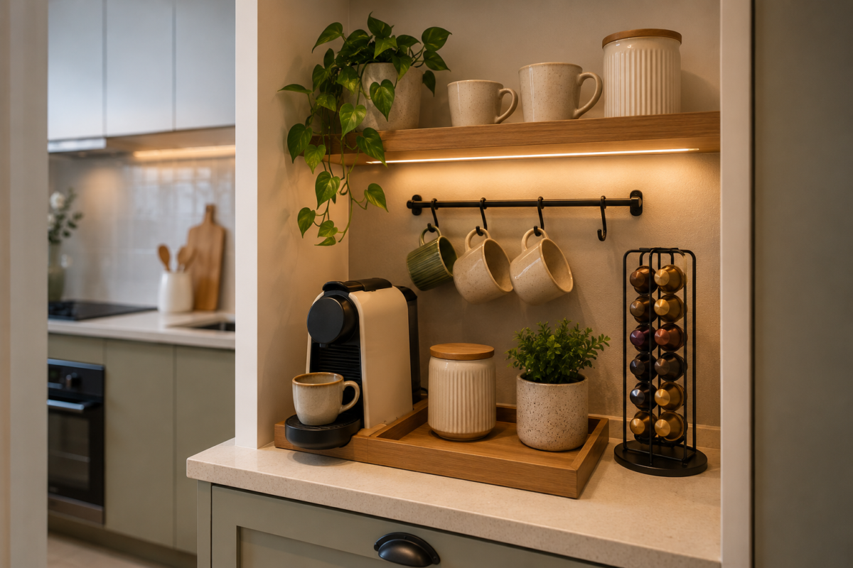 Área de café moderna em cozinha pequena com nichos, cápsulas organizadas e iluminação aconchegante