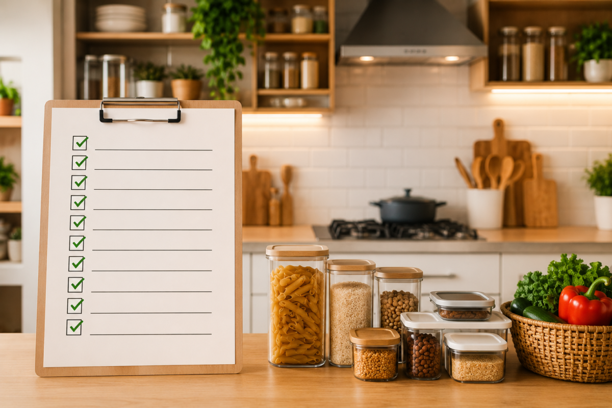 Checklist de organização funcional da cozinha com armários organizados, mantimentos armazenados corretamente e bancada livre para facilitar a rotina diária