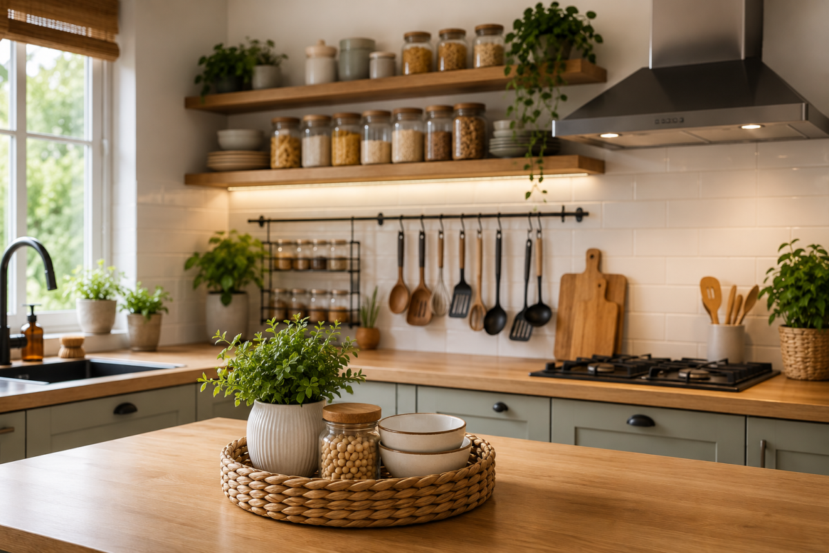 Cozinha moderna organizada com armários funcionais, utensílios organizados e decoração minimalista em tons claros.