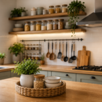 Cozinha moderna organizada com armários funcionais, utensílios organizados e decoração minimalista em tons claros.