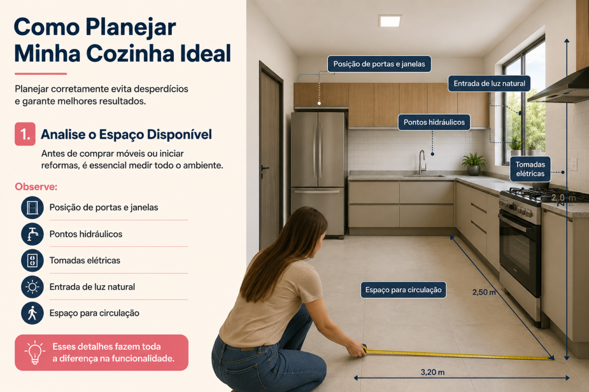 Mulher medindo o espaço da cozinha enquanto analisa portas, janelas, pontos hidráulicos, tomadas e iluminação natural para planejar uma cozinha ideal funcional e organizada.