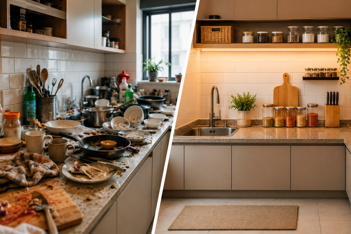 Comparação de cozinha bagunçada antes da organização e cozinha limpa e organizada depois da transformação.