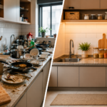 Comparação de cozinha bagunçada antes da organização e cozinha limpa e organizada depois da transformação.