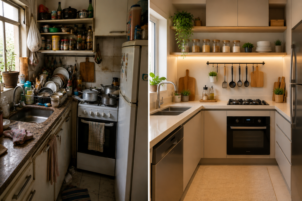 Comparação entre cozinha desorganizada e cozinha funcional organizada mostrando melhor aproveitamento do espaço