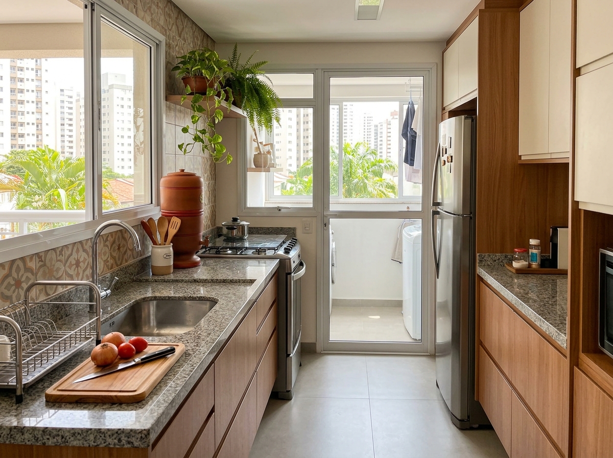 Cozinha funcional em apartamento brasileiro com pia, fogão e geladeira bem posicionados