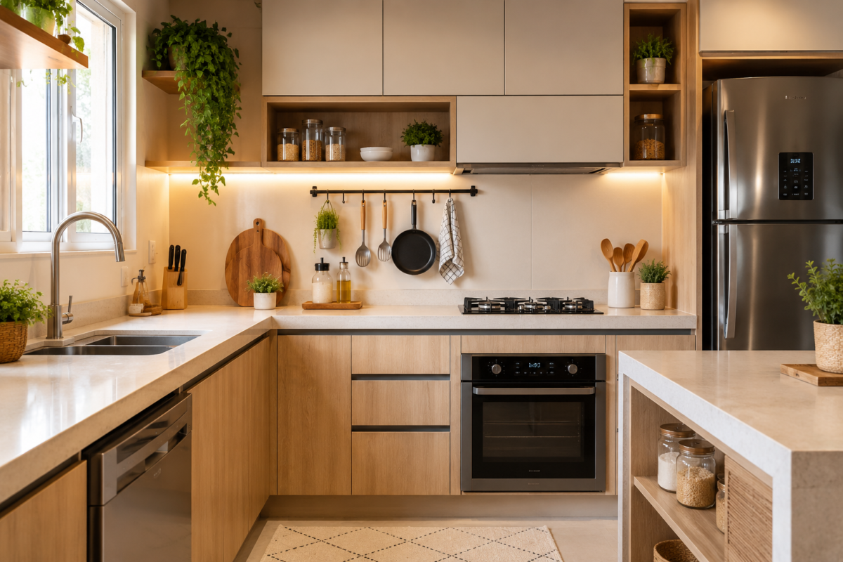 Cozinha funcional moderna organizada com bancada prática e layout inteligente para facilitar o dia a dia