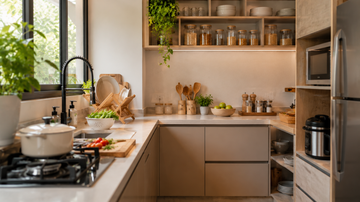 Cozinha moderna organizada e funcional com bancada clean, potes transparentes, armários planejados e iluminação natural suave.