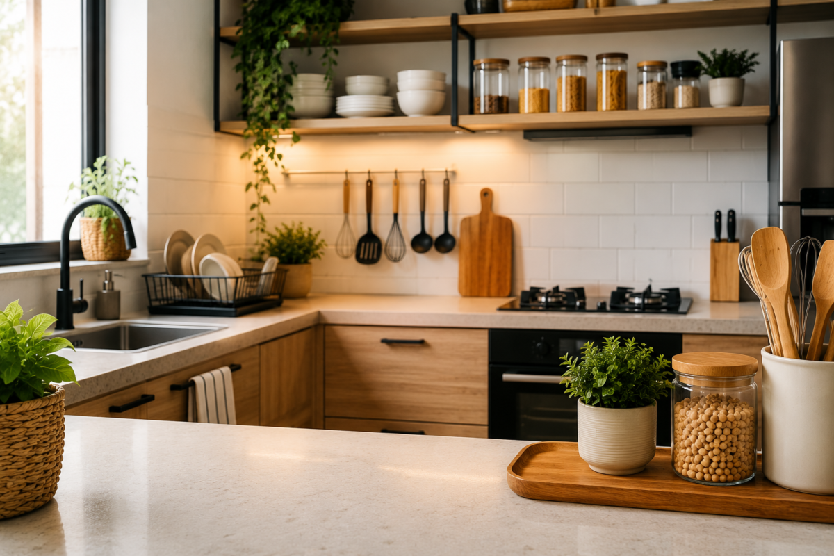 Cozinha moderna e organizada em estilo escandinavo com iluminação natural e decoração minimalista.