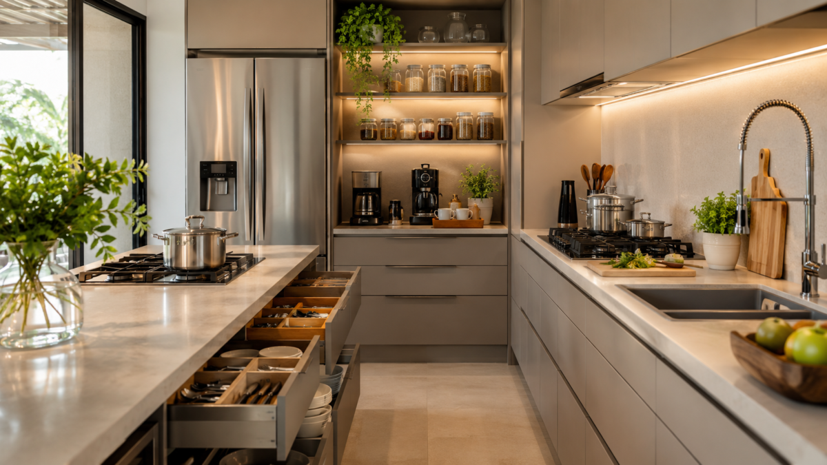 Cozinha moderna extremamente organizada com bancada minimalista, gavetas organizadas, potes transparentes alinhados e iluminação natural quente.