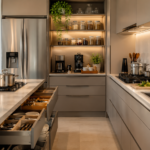Cozinha moderna extremamente organizada com bancada minimalista, gavetas organizadas, potes transparentes alinhados e iluminação natural quente.