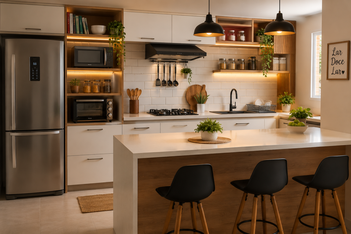 Cozinha ideal com móveis planejados modernos, armários funcionais e aproveitamento de espaço