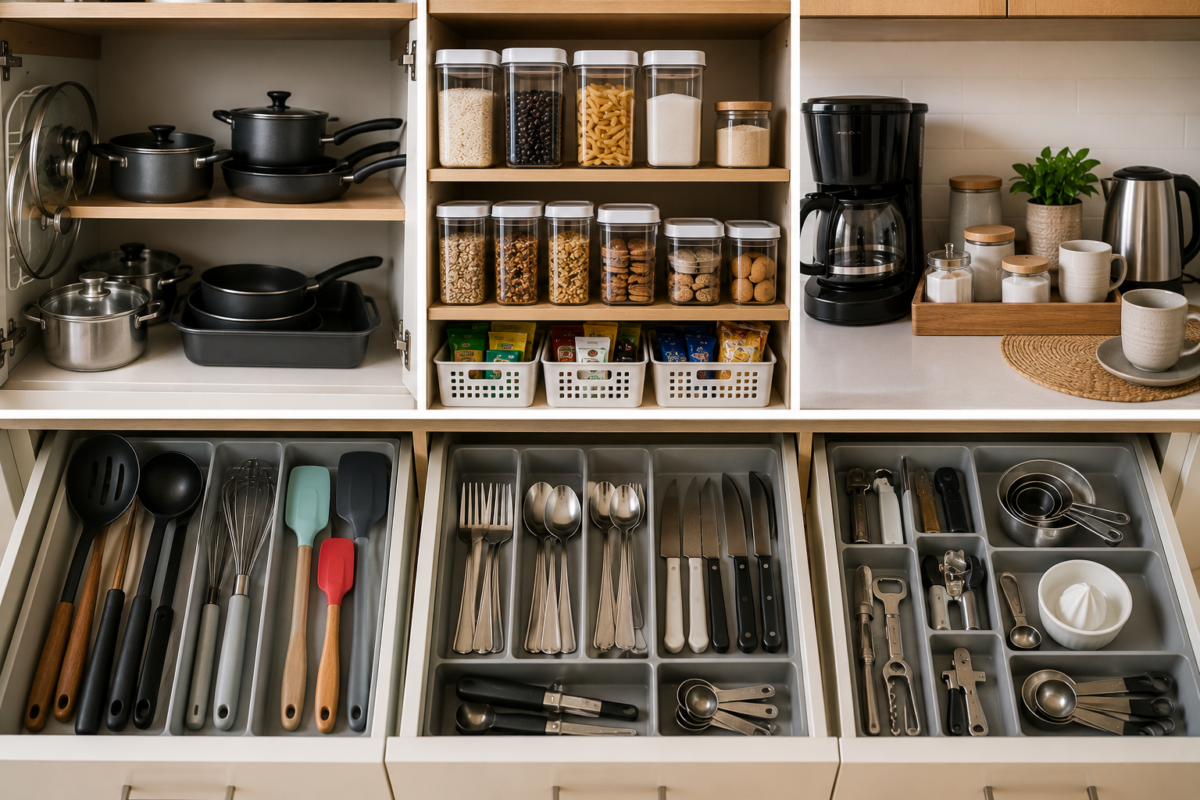 Cozinha organizada por categoria com panelas, mantimentos, gavetas e utensílios separados por função