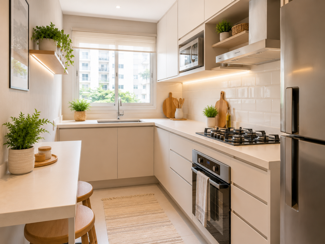 cozinha pequena com cores claras e decoração moderna