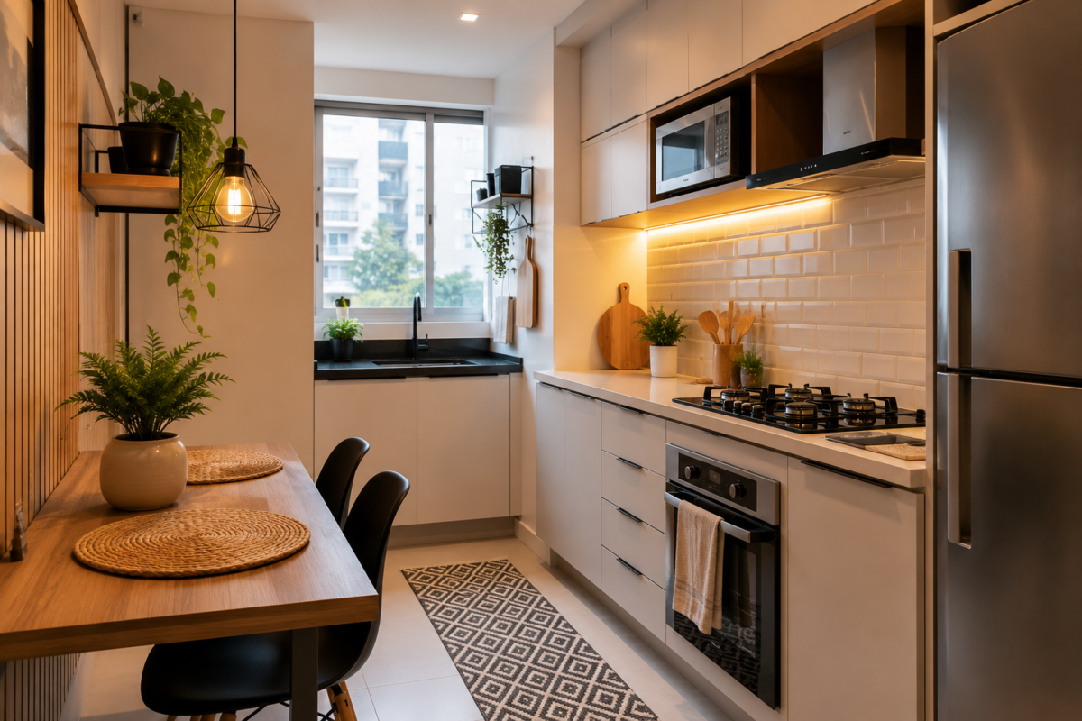 cozinha pequena decorada com armários claros e iluminação moderna