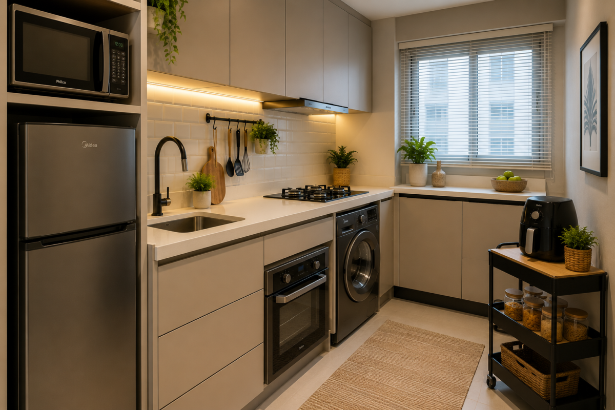 cozinha pequena com eletrodomésticos compactos e modernos