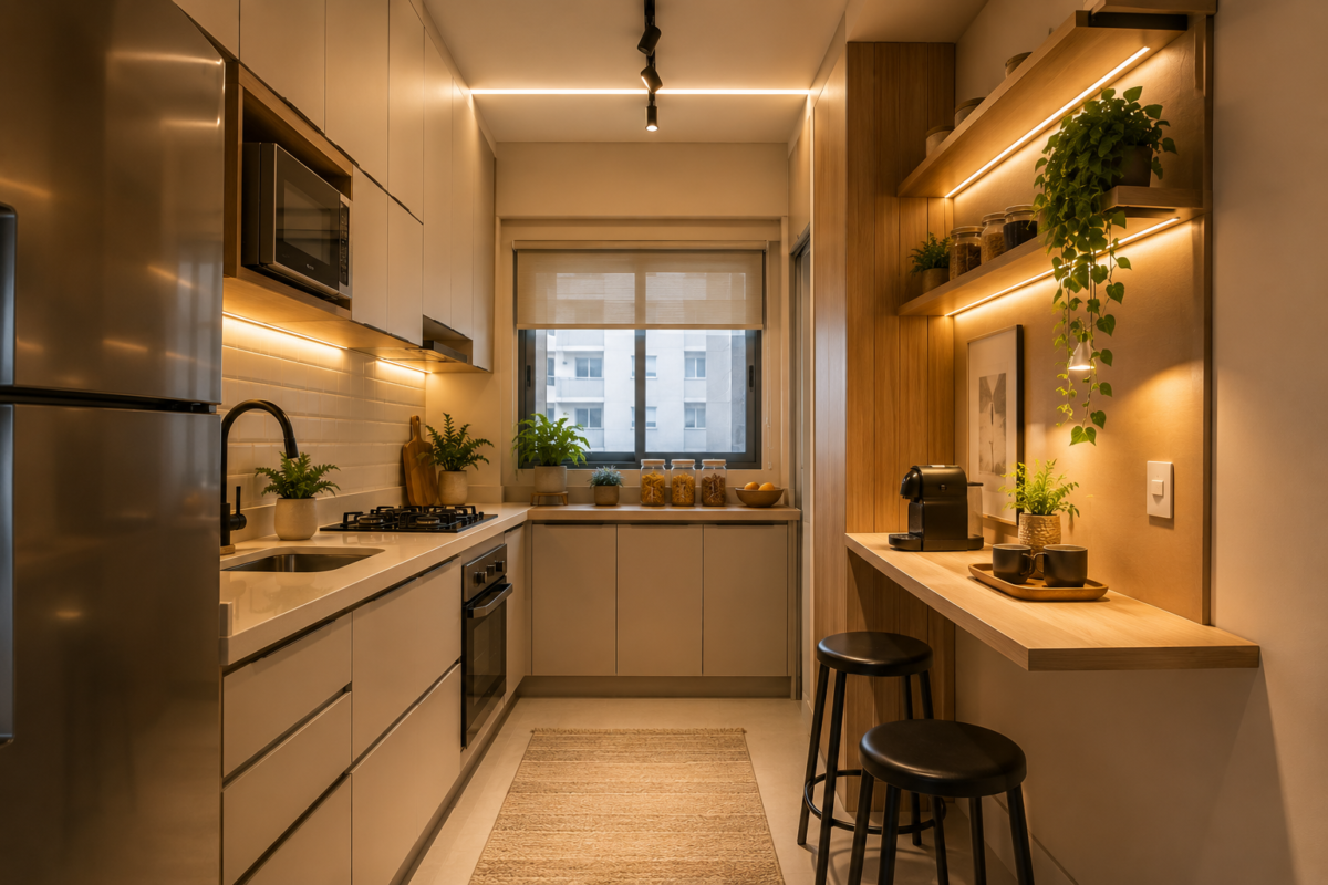 cozinha pequena com iluminação LED moderna e aconchegante
