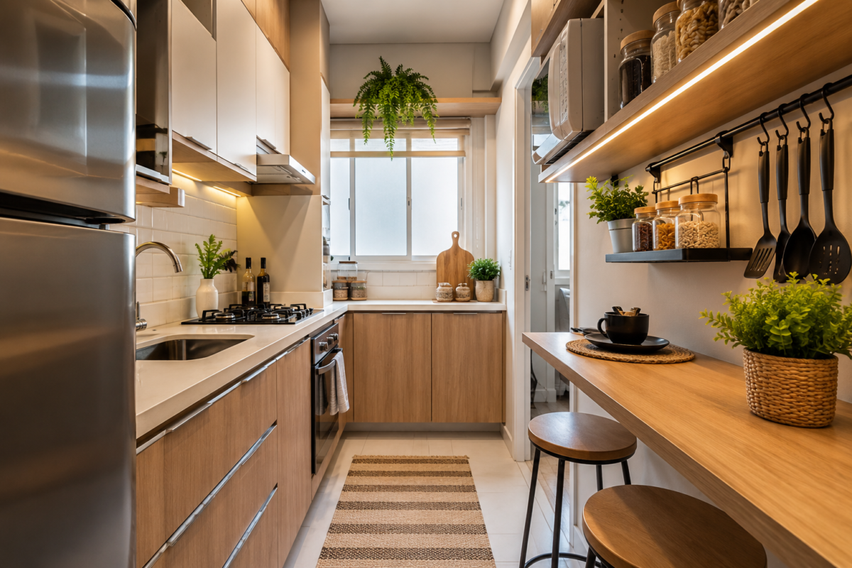 cozinha pequena moderna planejada com armários claros e iluminação aconchegante