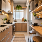 cozinha pequena moderna planejada com armários claros e iluminação aconchegante