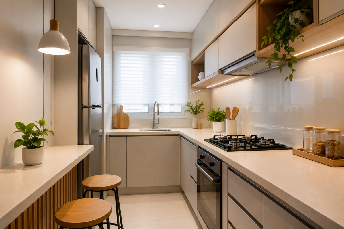 Cozinha pequena moderna com armários claros, iluminação LED e decoração minimalista que amplia o ambiente