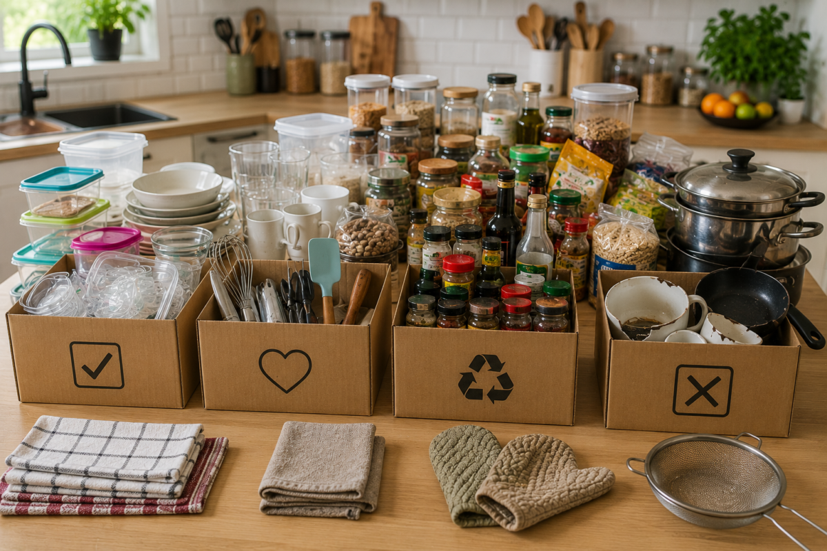 Utensílios, potes e objetos separados para descarte durante a organização de uma cozinha desorganizada
