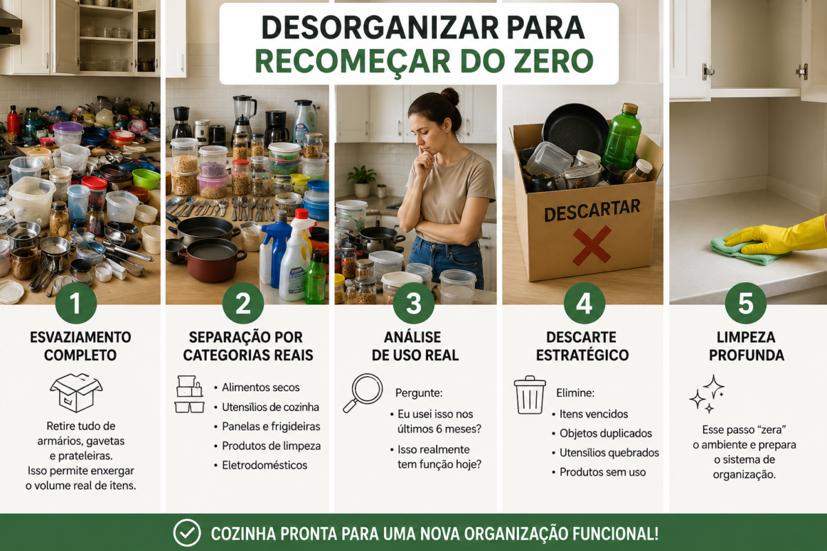 Infográfico mostrando as etapas para reorganizar a cozinha do zero com descarte, categorização e limpeza profunda.