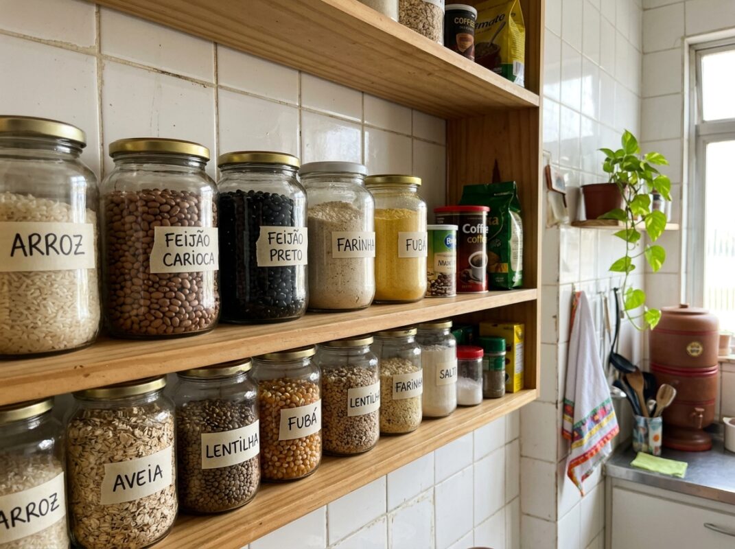 Despensa organizada com potes transparentes em cozinha pequena