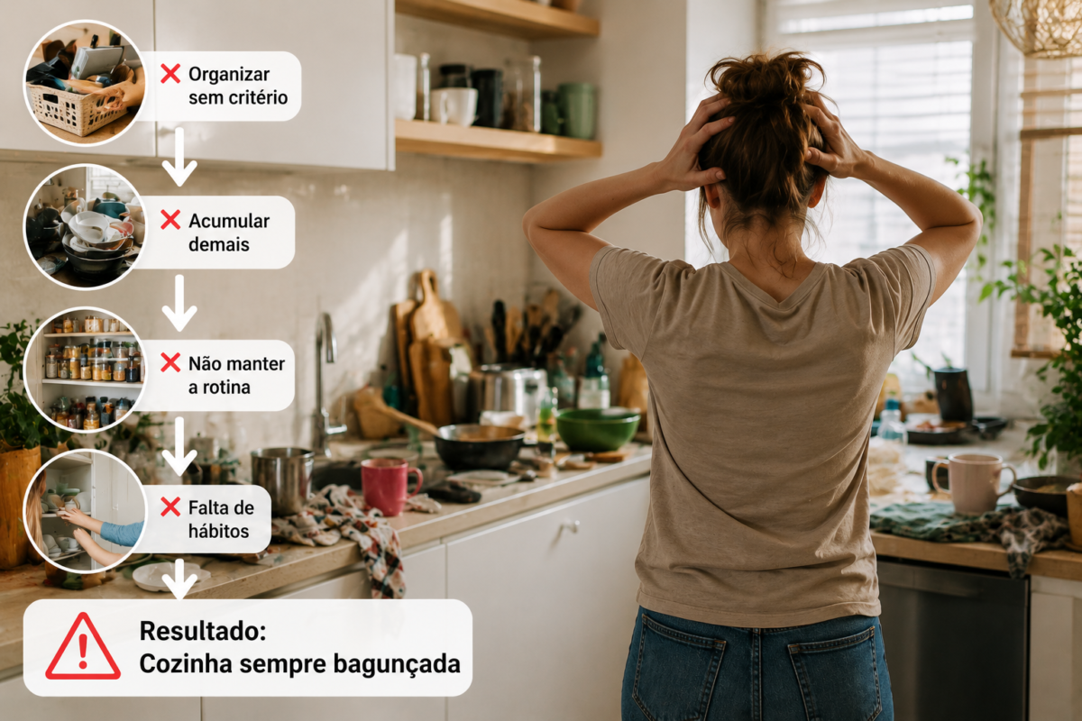Mulher preocupada olhando uma cozinha bagunçada após tentar organizar o ambiente sem mudar hábitos.