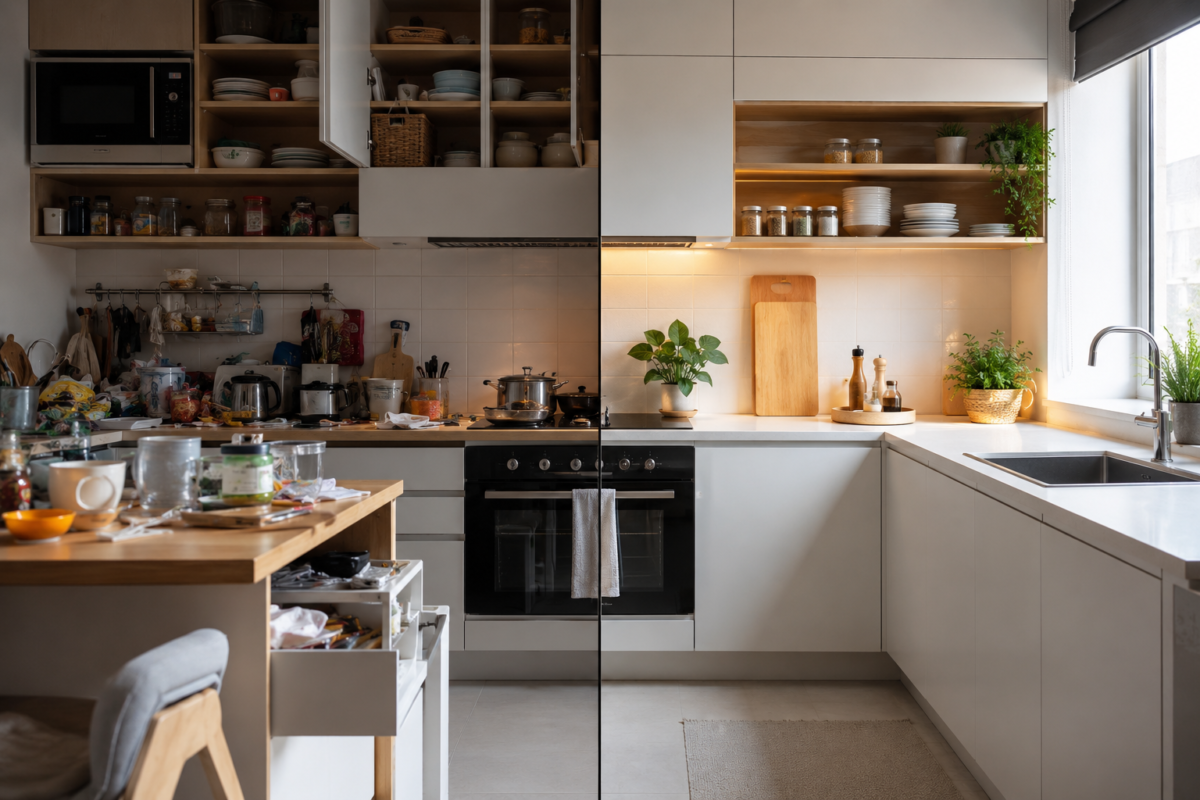 Cozinha moderna mostrando erros comuns de organização com lado bagunçado e lado organizado