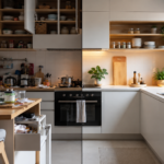 Cozinha moderna mostrando erros comuns de organização com lado bagunçado e lado organizado