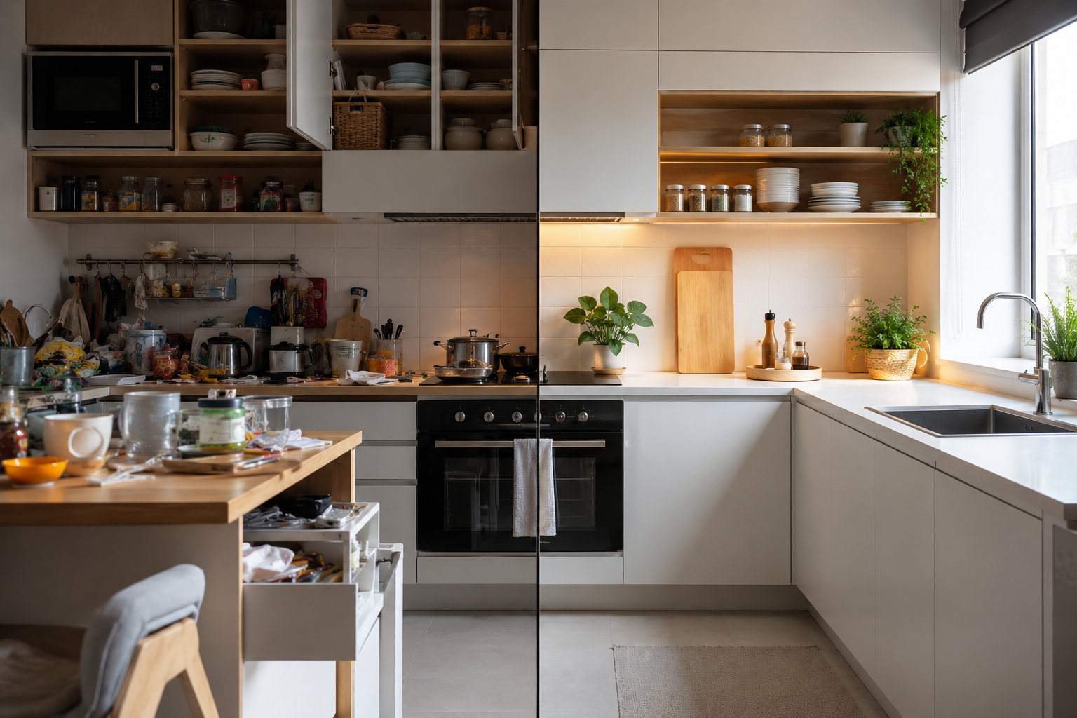 Cozinha moderna mostrando erros comuns de organização com lado bagunçado e lado organizado