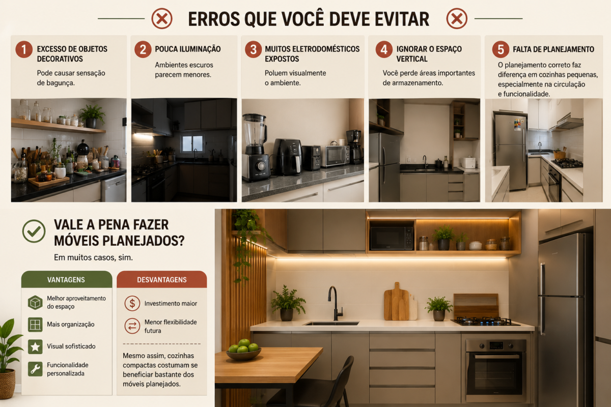 Cozinha pequena moderna mostrando erros de organização e vantagens dos móveis planejados