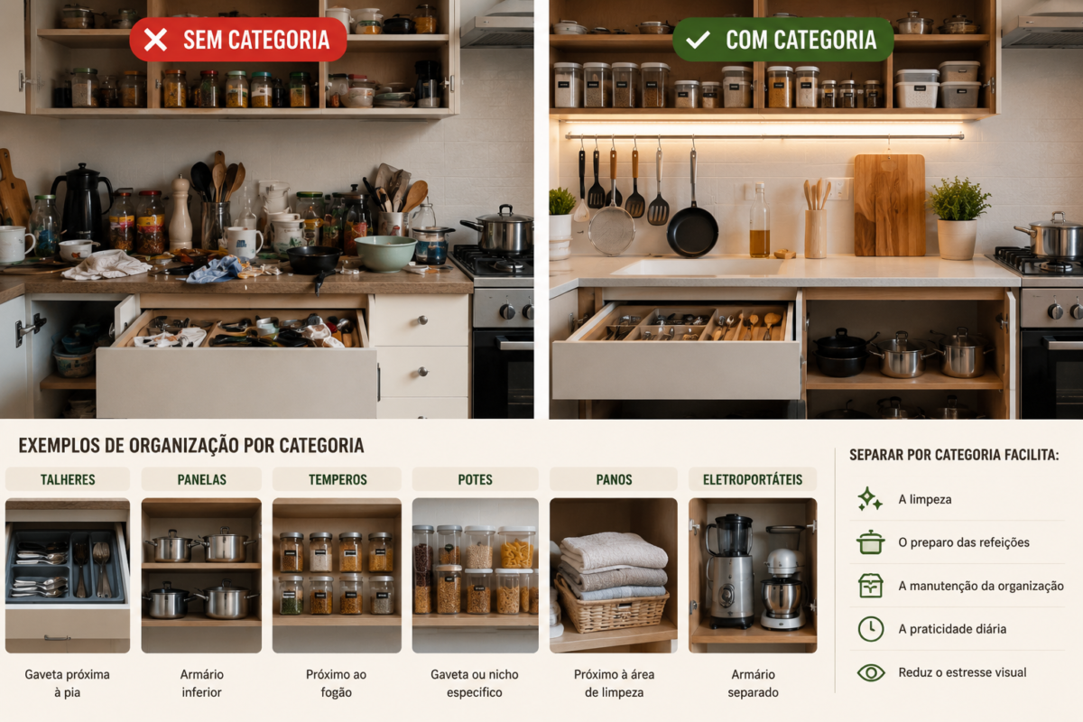 Exemplo de cozinha organizada por categorias comparada com cozinha bagunçada sem organização