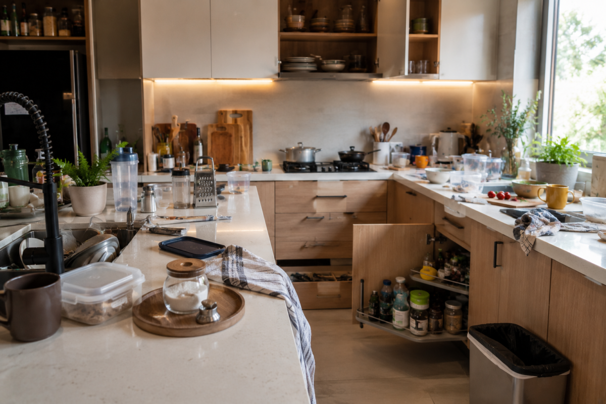 Cozinha moderna com pequenos erros de organização e objetos acumulados na bancada