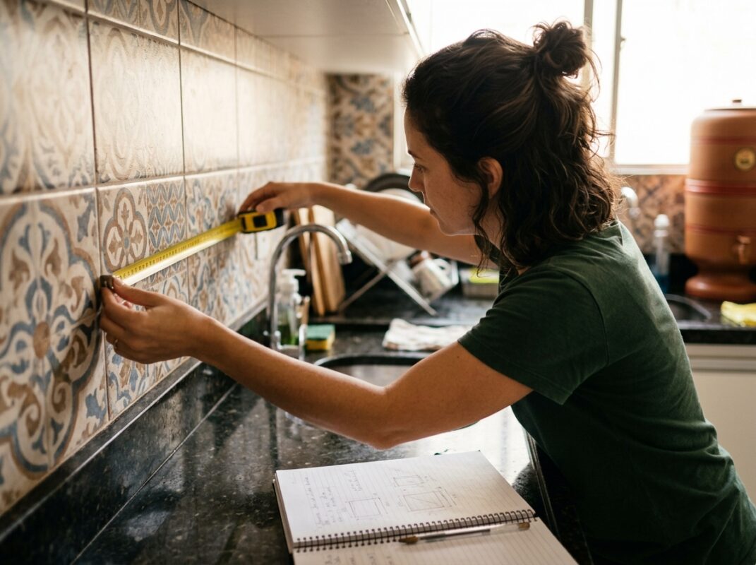 Mulher medindo a parede da cozinha antes de planejar a cozinha funcional