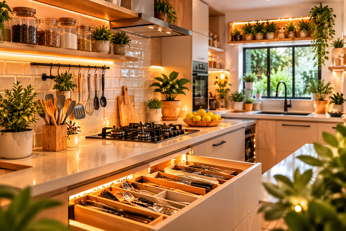 Cozinha moderna e aconchegante com iluminação natural e decoração funcional representando uma cozinha ideal organizada e elegante