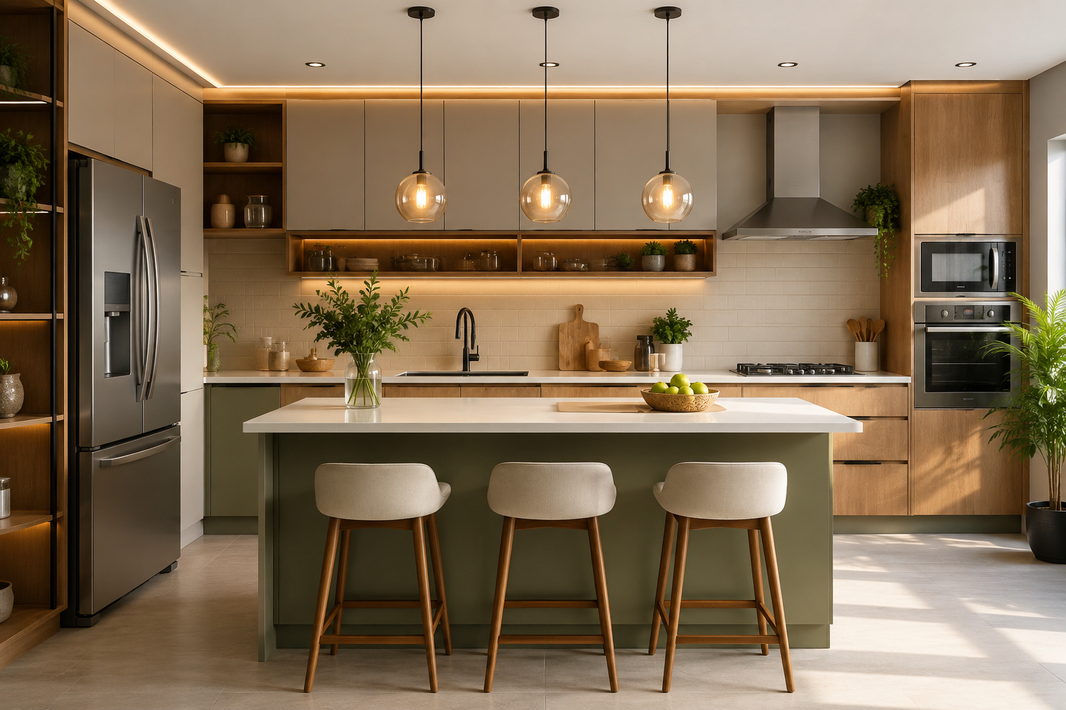 Projeto de cozinha ideal moderna com organização inteligente, iluminação natural e design minimalista elegante