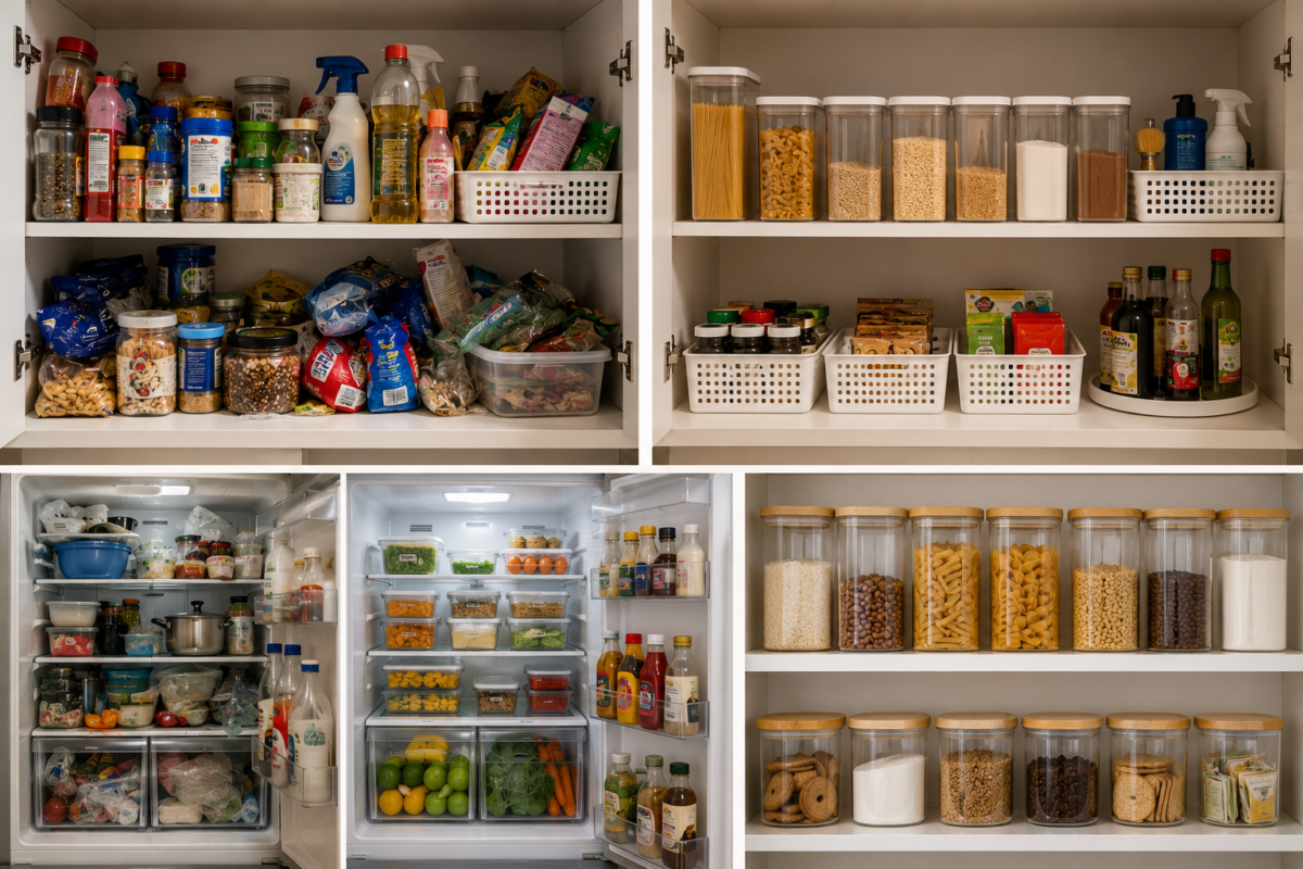 Armário e geladeira organizados corretamente por categorias de alimentos e produtos na cozinha