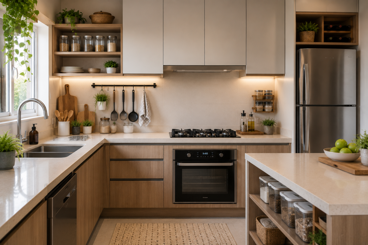 Cozinha funcional moderna organizada com utensílios acessíveis, circulação prática e armazenamento inteligente
