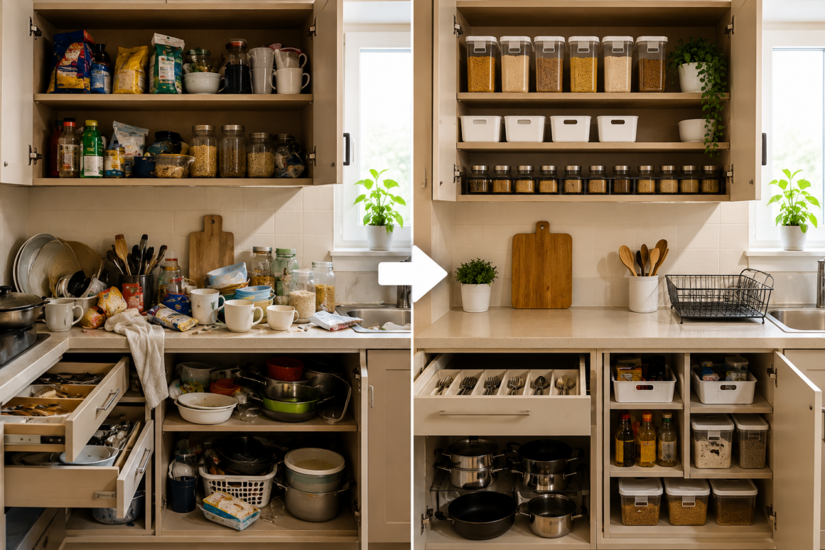 Antes e depois de uma cozinha organizada mostrando transformação rápida e funcional