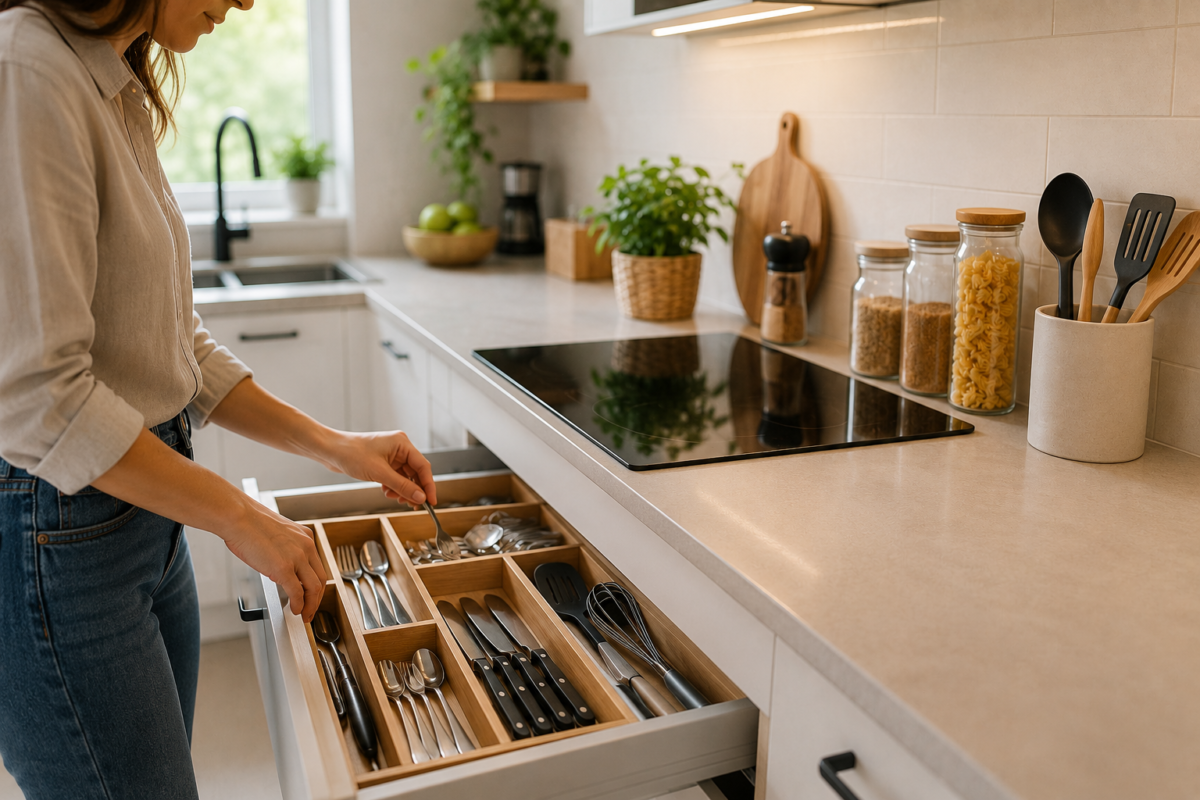 Mulher organizando gaveta de utensílios em uma cozinha moderna, funcional e minimalista.