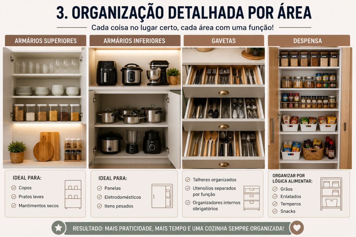 Cozinha organizada com armários superiores, inferiores, gavetas e despensa separados por função