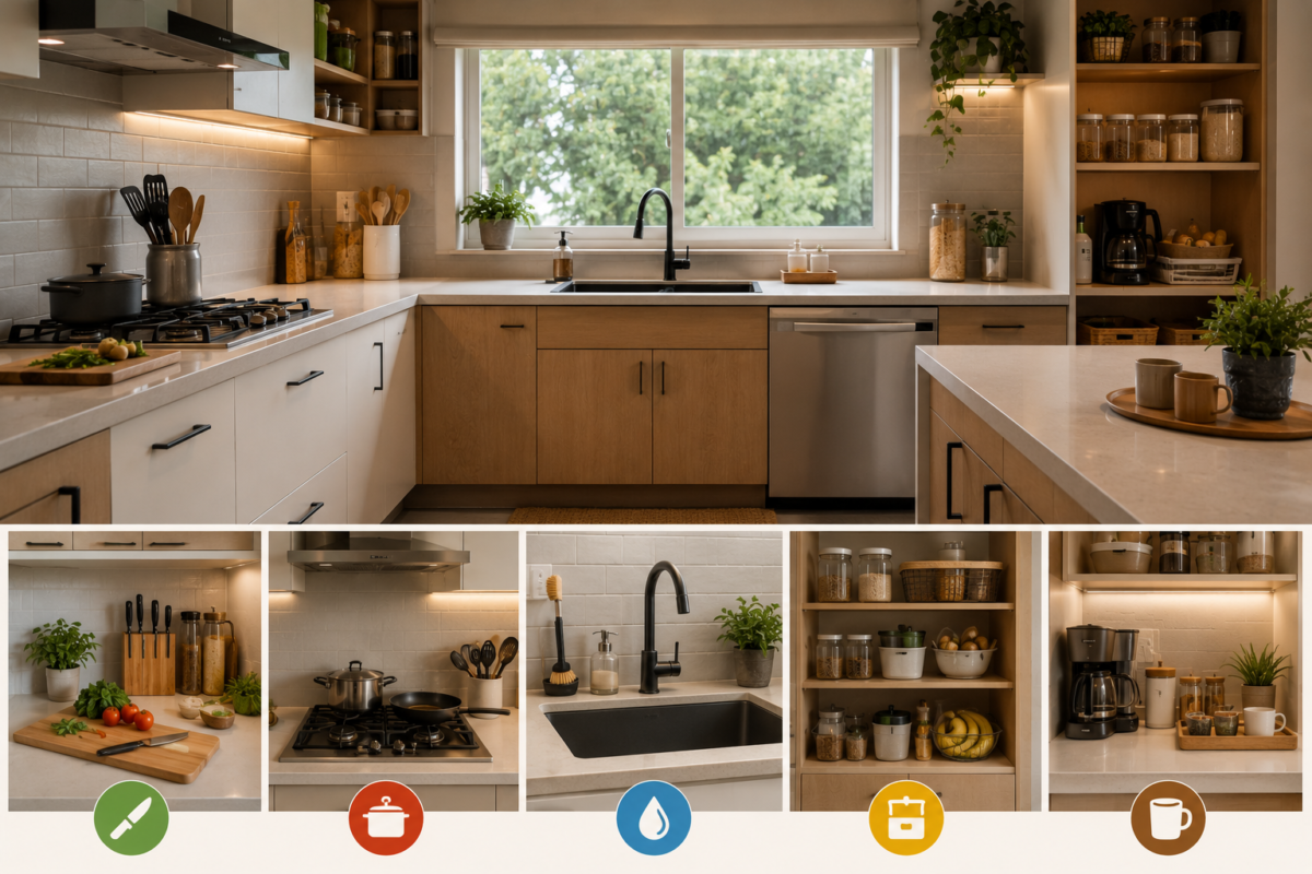 Cozinha moderna organizada por zonas funcionais como preparo, cocção, limpeza e armazenamento